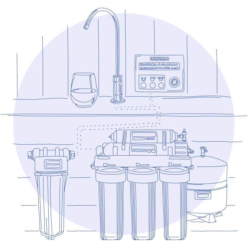 Illustration of a smart water filter connected to a phone app